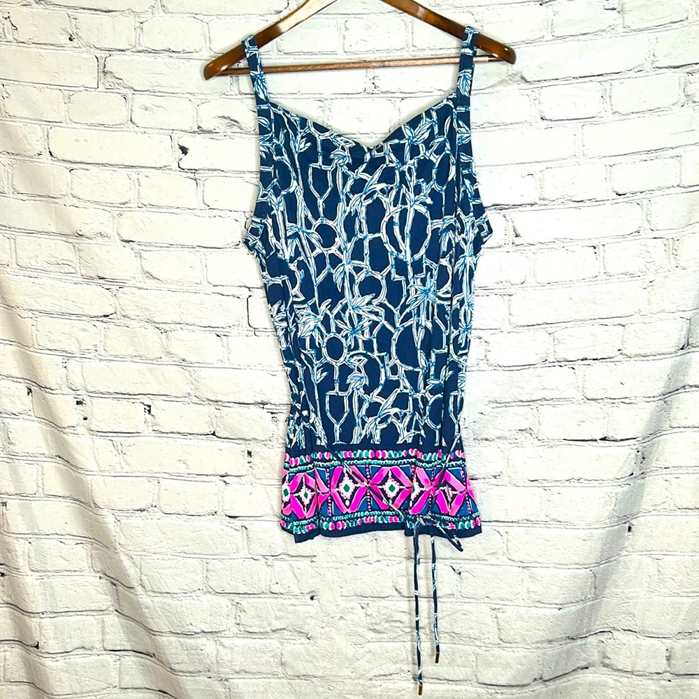 Lilly Pulitzer Blue White Pink  Tunic Waist Tie Sleeveless Top Size X-Large